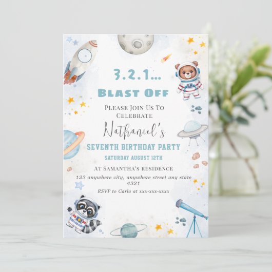 Schattigee ontploffing uit de ruimte thema verjaar kaart (Staand voorkant)