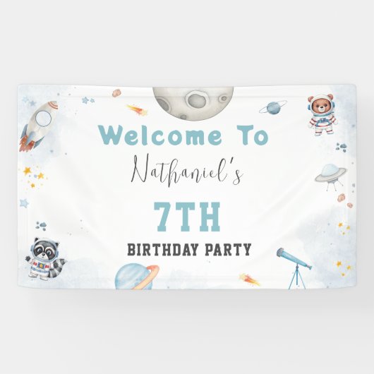 Schattigee ontploffing uit de ruimte thema verjaar spandoek (Horizontaal)