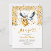 Schattigee ooievaar & baby gele bloemen meisje bab kaart (Voorkant)