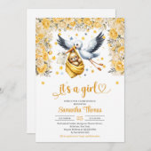 Schattigee ooievaar & baby gele bloemen meisje bab kaart (Voorkant / Achterkant)