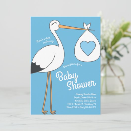 Schattigee ooievaar Baby shower mod blauw jongen Kaart (Staand voorkant)