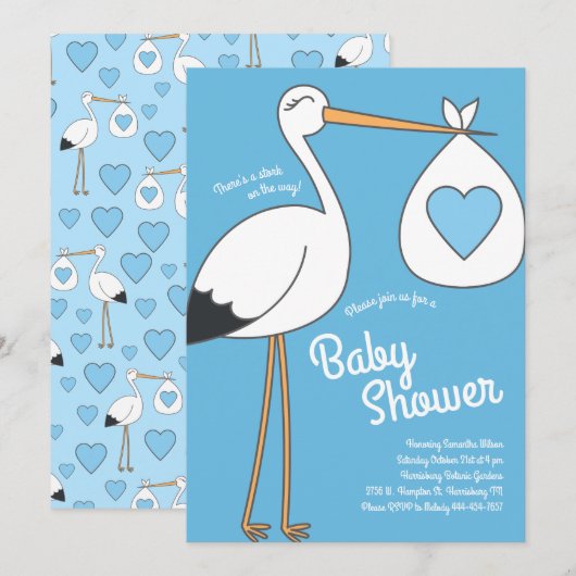 Schattigee ooievaar Baby shower mod blauw jongen Kaart (Voorkant / Achterkant)
