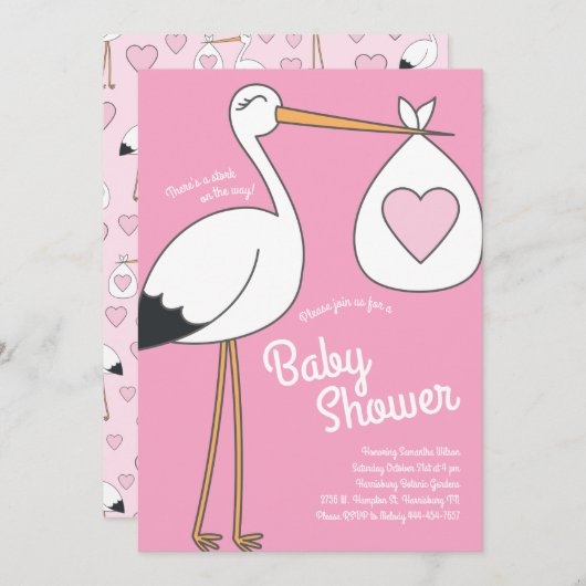 Schattigee ooievaar Baby shower roze meisje Kaart (Voorkant / Achterkant)