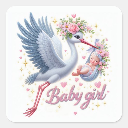 Schattigee ooievaar draagbaby meisje vierkante sticker (Voorkant)