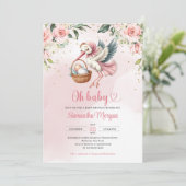 Schattigee ooievaar het leveren van een baby meisj kaart (Staand voorkant)