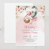 Schattigee ooievaar het leveren van een baby meisj kaart (Voorkant / Achterkant)