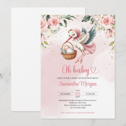 Schattigee ooievaar het leveren van een baby meisj kaart (Voorkant / Achterkant)