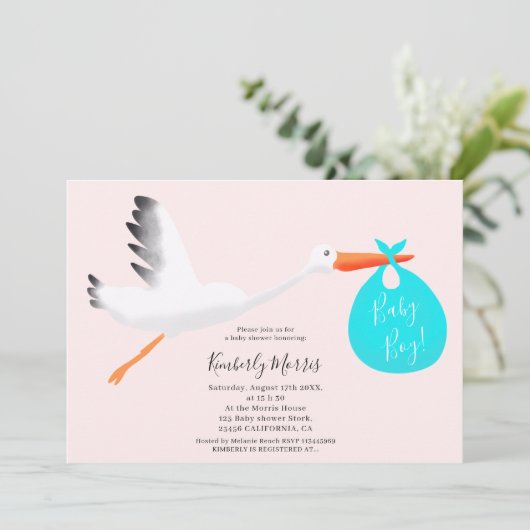 Schattigee ooievaar roze tas illustratie baby boy  kaart (Staand voorkant)