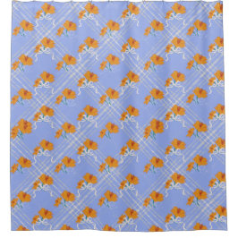 Schattigee Oranje Bloem Naadloos op Plaid Blue Douchegordijn