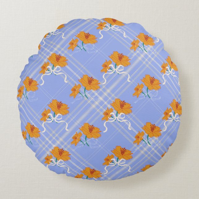 Schattigee Oranje Bloem Naadloos op Plaid Blue Rond Kussen (Voorkant)