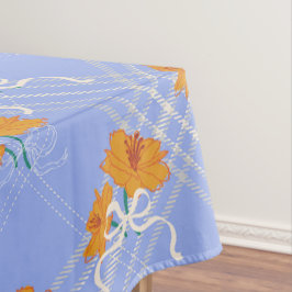 Schattigee Oranje Bloem Naadloos op Plaid Blue Tafelkleed