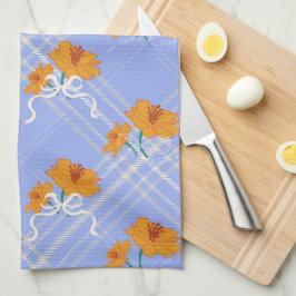 Schattigee Oranje Bloem Naadloos op Plaid Blue Theedoek