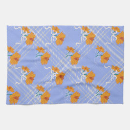 Schattigee Oranje Bloem Naadloos op Plaid Blue Theedoek