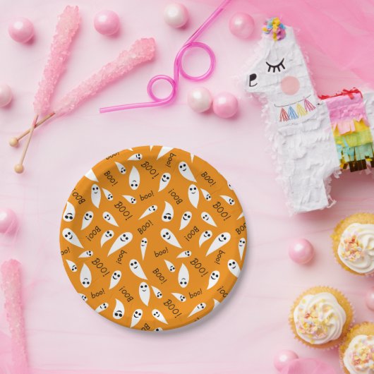 Schattigee Oranje en witte Halloween Ghosts Boo-pa Papieren Bordje (Feest)
