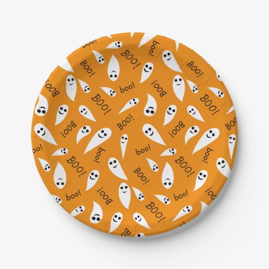 Schattigee Oranje en witte Halloween Ghosts Boo-pa Papieren Bordje (Voorkant)
