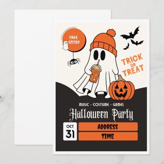 Schattigee Oranje en zwarte Halloween-feestuitnodi Kaart (Voorkant / Achterkant)