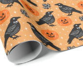 Schattigee Oranje Halloween Crow pompoen Patroon Cadeaupapier (Rol Hoek)