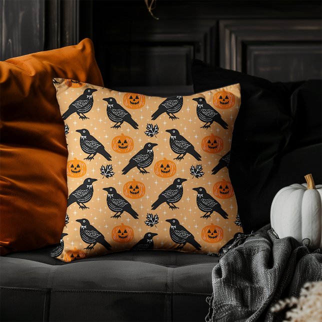 Schattigee Oranje Halloween Crow pompoen Patroon Kussen (Creator heeft geüpload)