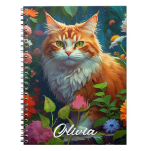 Schattigee Oranje kat in bloemen gepersonaliseerd Notitieboek