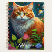 Schattigee Oranje kat in bloemen gepersonaliseerd Planner (Voorkant)