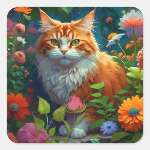 Schattigee Oranje kat in bloemen houden in contact Vierkante Sticker