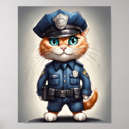 Schattigee Oranje Kat in Politie Uniform Waterverf Poster