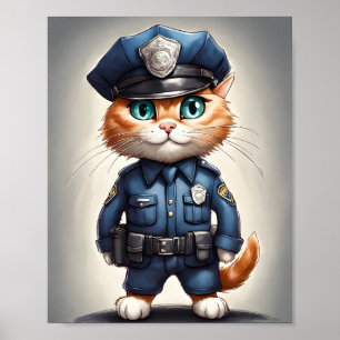 Schattigee Oranje Kat in Politie Uniform Waterverf Poster