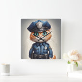 Schattigee Oranje Kat in Politie Uniform Waterverf Vierkante Klok (Huis)