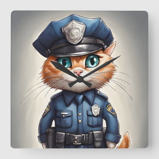 Schattigee Oranje Kat in Politie Uniform Waterverf Vierkante Klok (Voorkant)