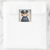 Schattigee Oranje Kat in Politie Uniform Waterverf Vierkante Sticker (Tas)