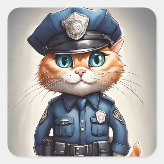 Schattigee Oranje Kat in Politie Uniform Waterverf Vierkante Sticker (Voorkant)