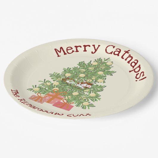 Schattigee Oranje kat op kerstboom Merry Catnaps! Papieren Bordje (Gekanteld)