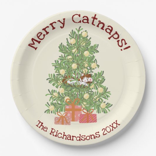 Schattigee Oranje kat op kerstboom Merry Catnaps! Papieren Bordje (Voorkant)