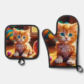 Schattigee Oranje Kitten Art Ovenwant & Pannenlap Set (Voorkant)