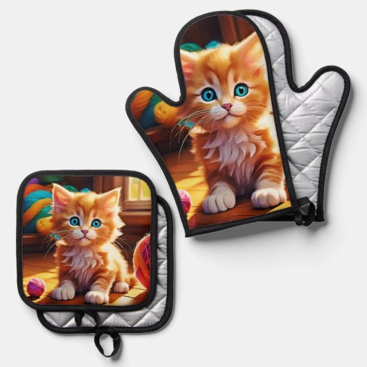 Schattigee Oranje Kitten Art Ovenwant & Pannenlap Set (Voorkant / Achterkant)