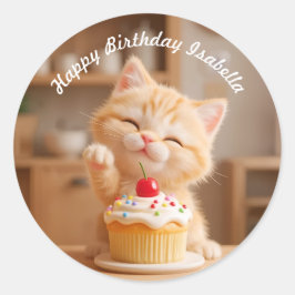 Schattigee Oranje Kitten met een Cupcake Ronde Sticker