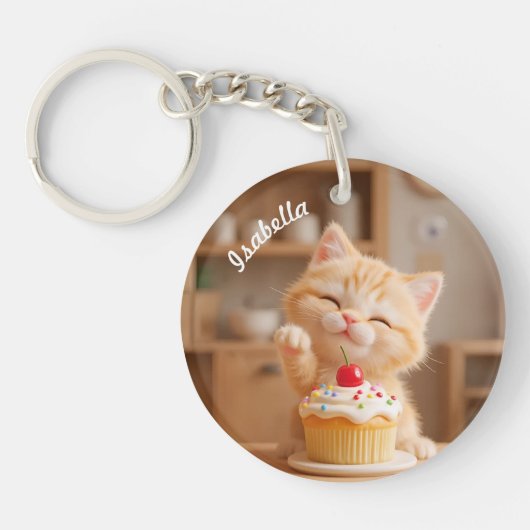 Schattigee Oranje Kitten met een Cupcake Sleutelhanger (Voorkant)