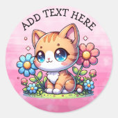 Schattigee Oranje Kitty Cat in Flowers gepersonali Ronde Sticker (Voorkant)
