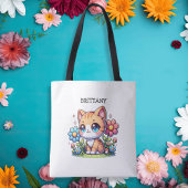 Schattigee Oranje Kitty Cat in Flowers gepersonali Tote Bag