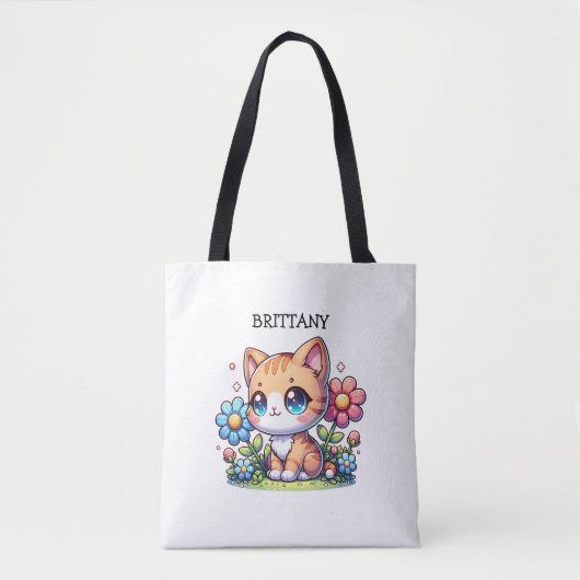 Schattigee Oranje Kitty Cat in Flowers gepersonali Tote Bag (Voorkant)