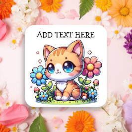 Schattigee Oranje Kitty Cat in Flowers gepersonali Vierkante Sticker