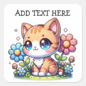 Schattigee Oranje Kitty Cat in Flowers gepersonali Vierkante Sticker (Voorkant)