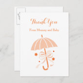 Schattigee Oranje paraplu en boog Baby shower Dank Aankondigingskaart (Voorkant / Achterkant)