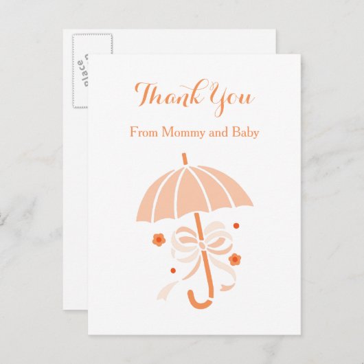 Schattigee Oranje paraplu en boog Baby shower Dank Aankondigingskaart (Voorkant / Achterkant)