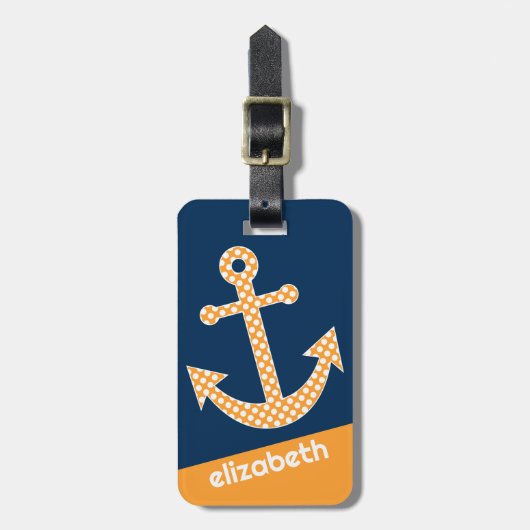 Schattigee Oranje Polka Dot Anker met Navy Custom  Bagagelabel (Voorkant verticaal)
