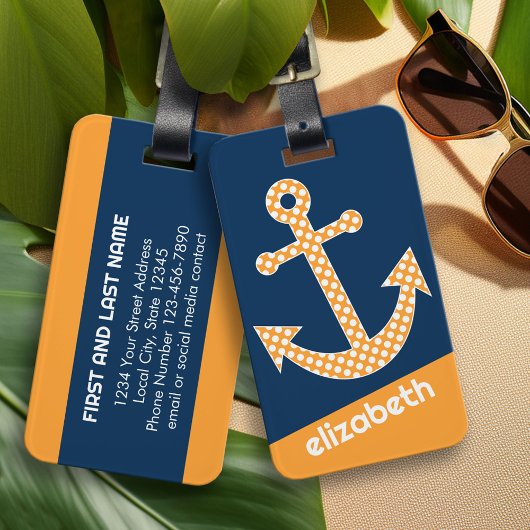 Schattigee Oranje Polka Dot Anker met Navy Custom  Bagagelabel