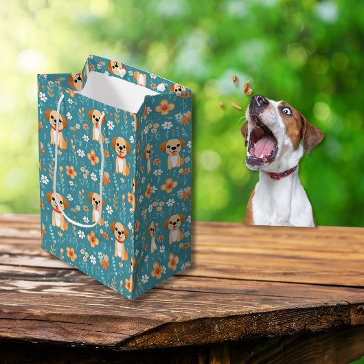 Schattigee Oranje Puppy Flowers Medium Cadeauzakje