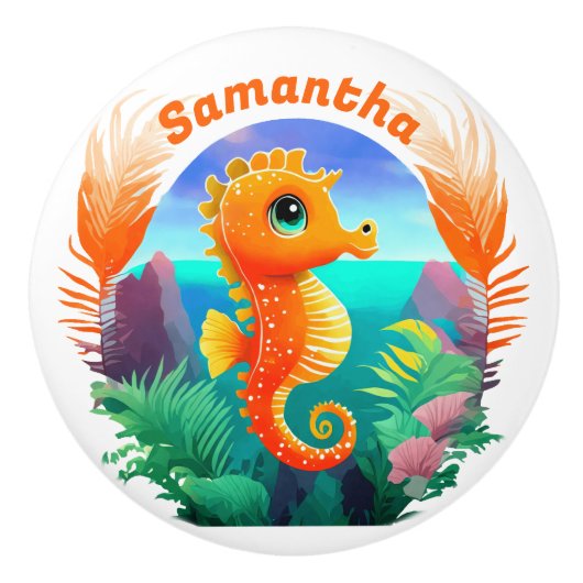 Schattigee Oranje Seahorse Cartoon stijl Keramische Knop (Voorkant)