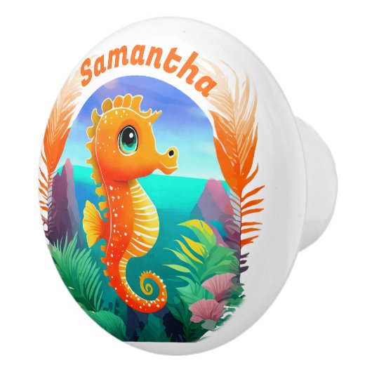 Schattigee Oranje Seahorse Cartoon stijl Keramische Knop (Rechts)