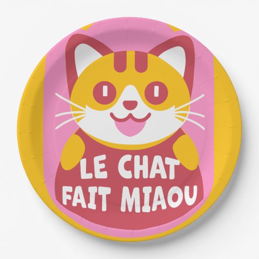 Schattigee Oranje Tabby Cat Cartoon Zegt Miauw in  Papieren Bordje (Voorkant)